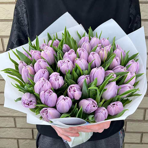 Фиолетовые тюльпаны в дизайнерской упаковке