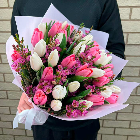 Розовые и белые тюльпаны с хамелациумом