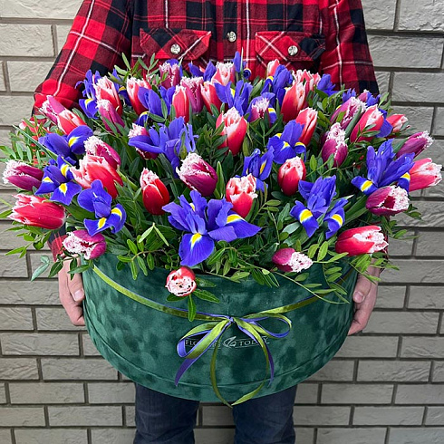 Коробка ирисов и тюльпанов