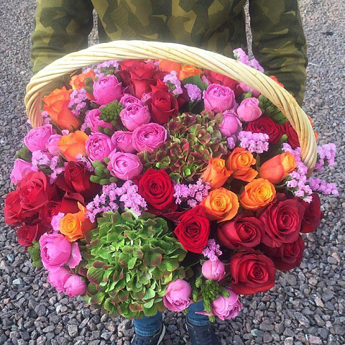 Корзина роз с гортензией