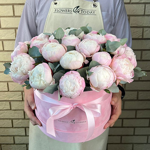 Розовые пионы и эвкалипт в коробке