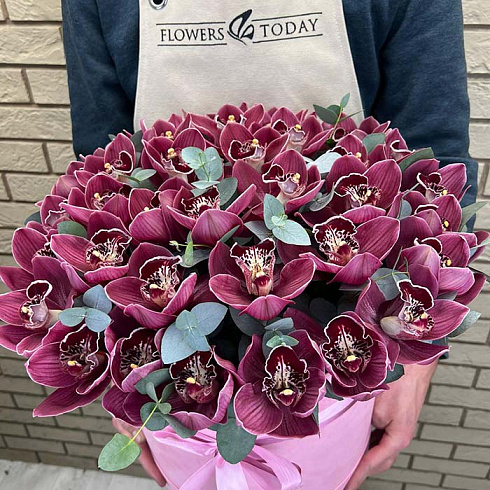 Орхидеи с эвкалиптом в коробке