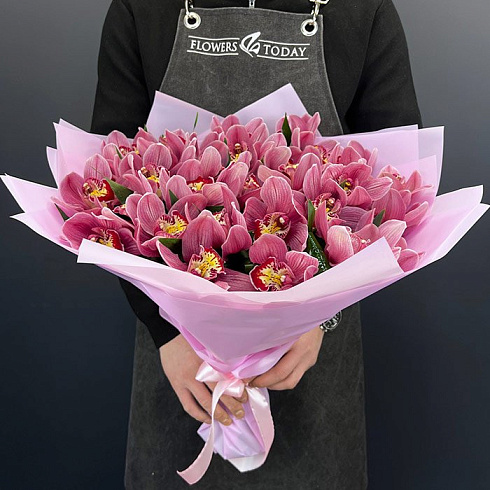 Розовые орхидеи с зеленью