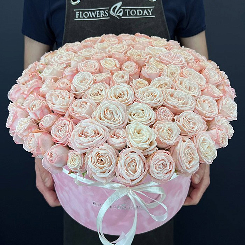 Розовые пионовидные розы в коробке