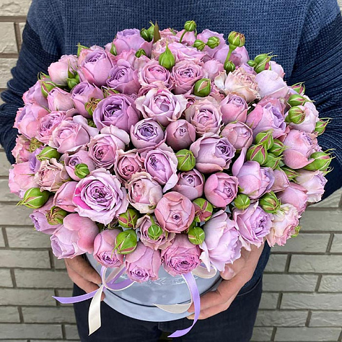 Фиолетовые пионовидные розы в коробке