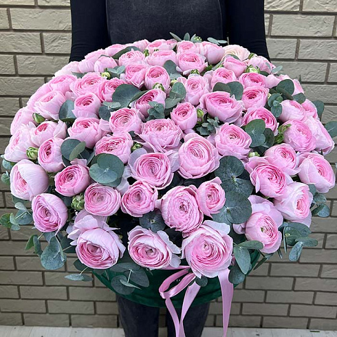 Розовые ранункулюсы в большой коробке