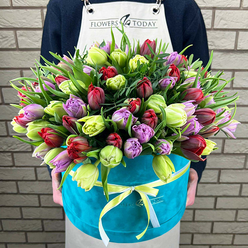 151 микс пионовидных тюльпанов в коробке