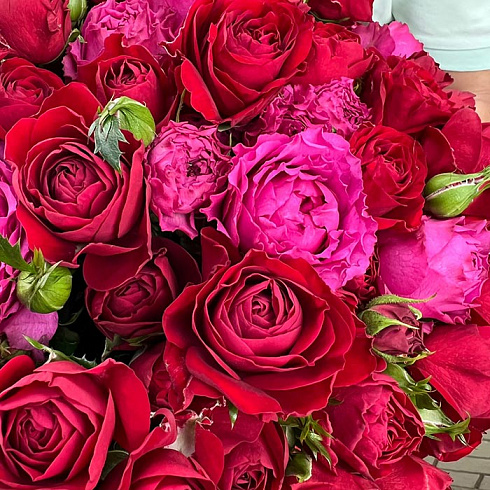 Пионовидные розовые и красные розы в коробке