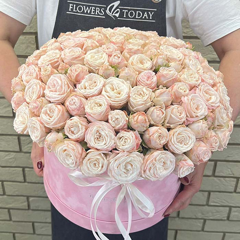Розовые пионовидные розы в коробке