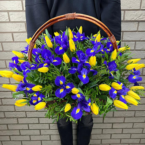 Тюльпаны и ирисы в корзине